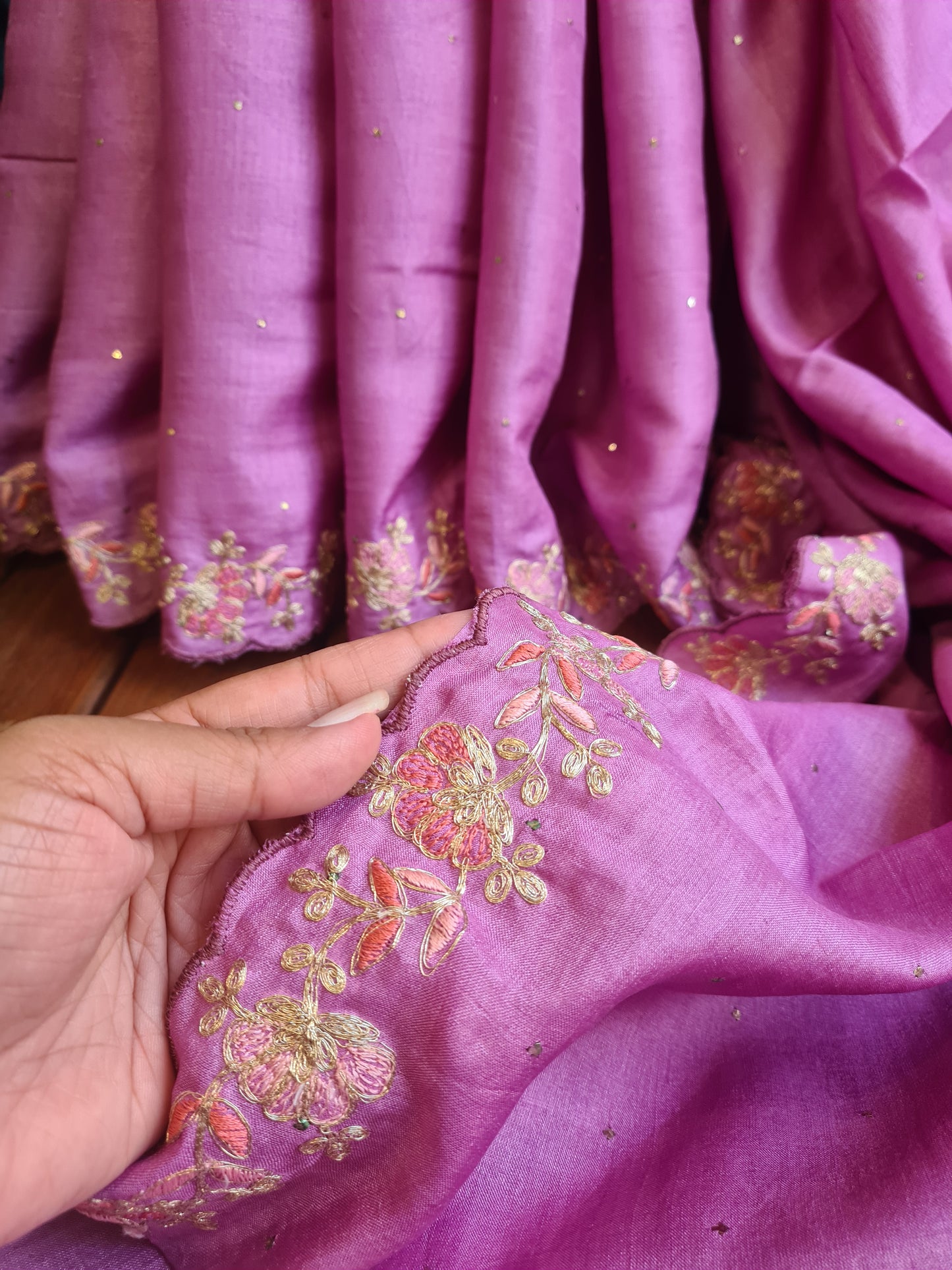Zynah Lilac Color Handwoven Tussar Silk Saree Embellished with Pitan hand embroidery and Mukaish handwork; Custom Stitched/Ready-made Blouse, Fall, Petticoat; Shipping available USA, Worldwide