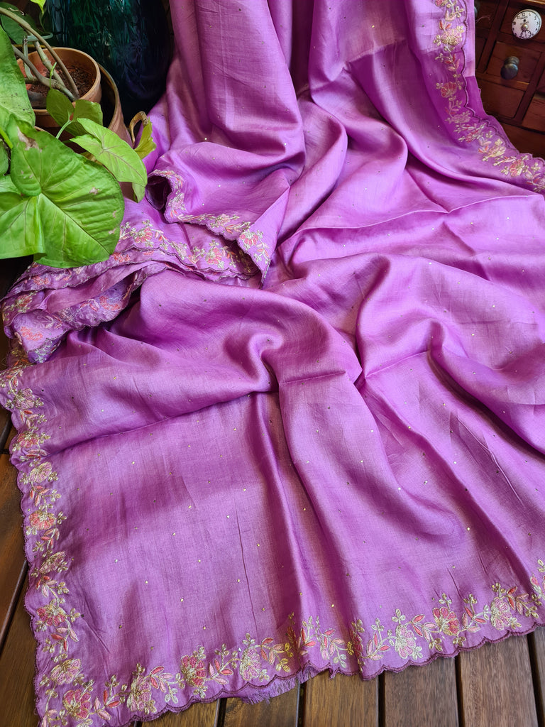 Zynah Lilac Color Handwoven Tussar Silk Saree Embellished with Pitan hand embroidery and Mukaish handwork; Custom Stitched/Ready-made Blouse, Fall, Petticoat; Shipping available USA, Worldwide