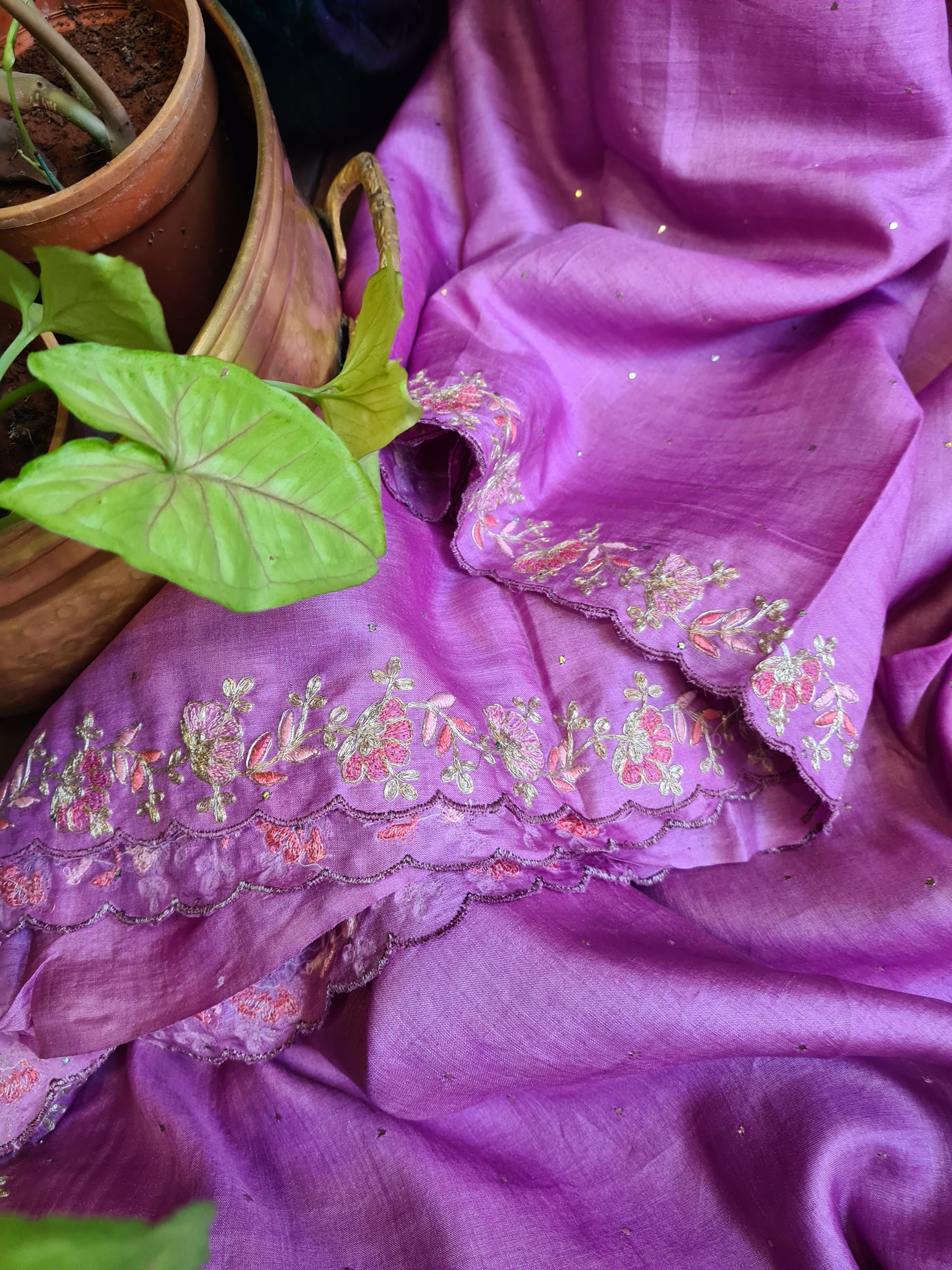 Zynah Lilac Color Handwoven Tussar Silk Saree Embellished with Pitan hand embroidery and Mukaish handwork; Custom Stitched/Ready-made Blouse, Fall, Petticoat; Shipping available USA, Worldwide