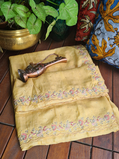 Zynah Yellow Color Handwoven Tussar Silk Saree Embellished with Pitan hand embroidery and Mukaish handwork; Custom Stitched/Ready-made Blouse, Fall, Petticoat; Shipping available USA, Worldwide