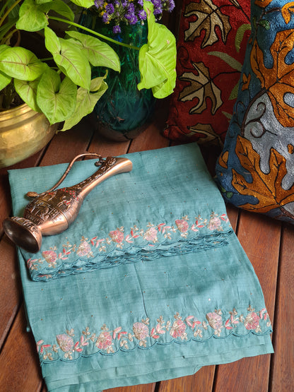 Zynah Teal Color Handwoven Tussar Silk Saree Embellished with Pitan hand embroidery and Mukaish handwork; Custom Stitched/Ready-made Blouse, Fall, Petticoat; Shipping available USA, Worldwide