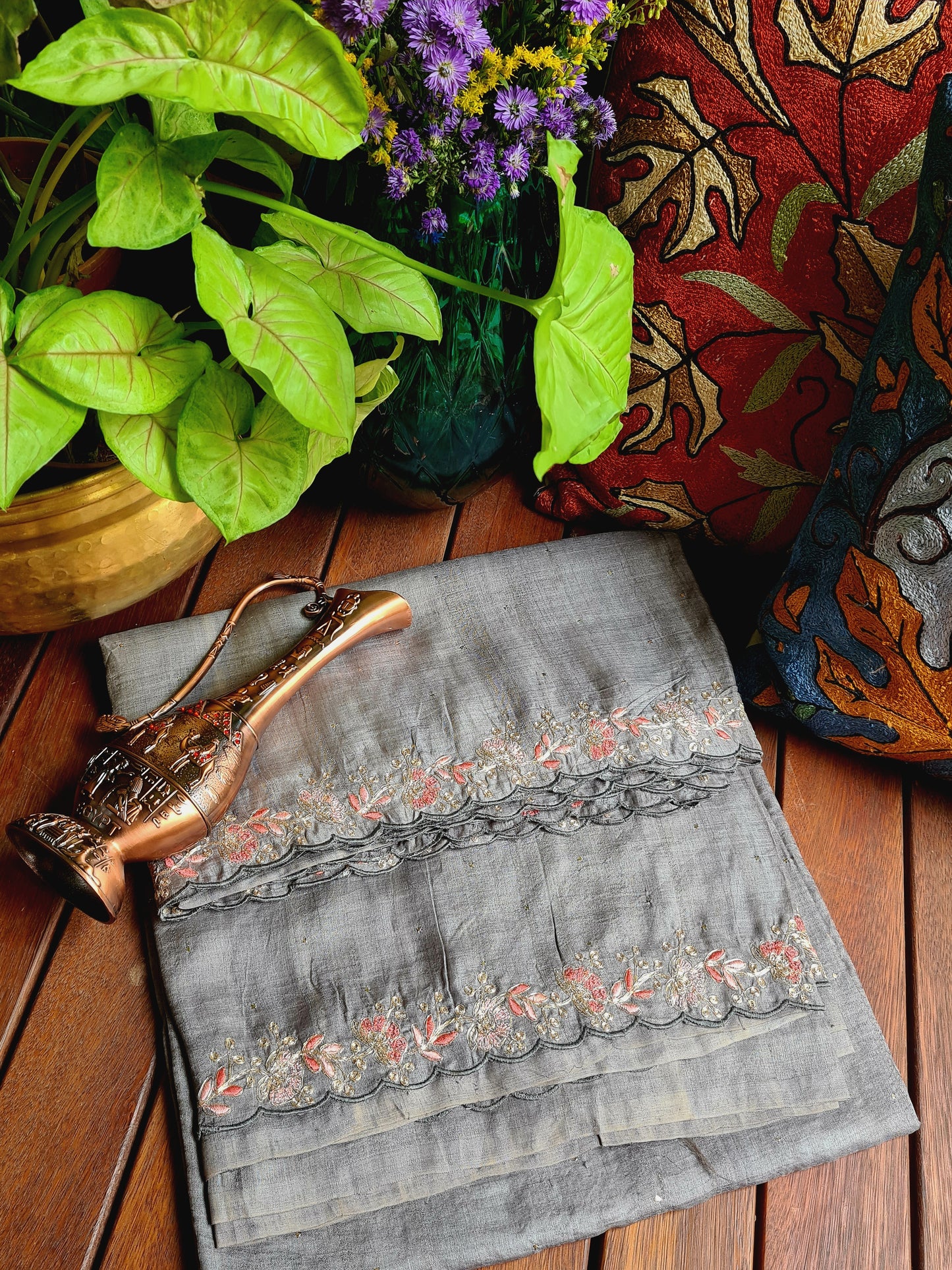 Zynah Grey Color Handwoven Tussar Silk Saree Embellished with Pitan hand embroidery and Mukaish handwork; Custom Stitched/Ready-made Blouse, Fall, Petticoat; Shipping available USA, Worldwide