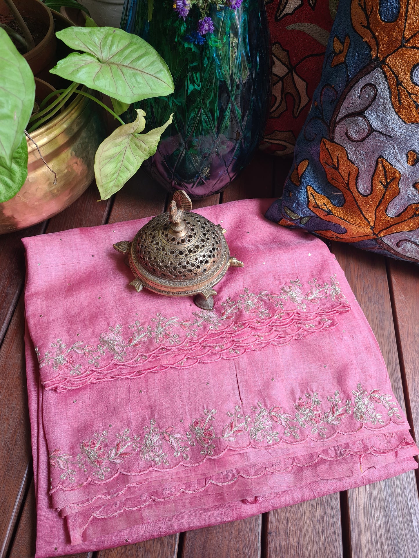 Zynah Pink Color Handwoven Tussar Silk Saree Embellished with Pitan hand embroidery and Mukaish handwork; Custom Stitched/Ready-made Blouse, Fall, Petticoat; Shipping available USA, Worldwide
