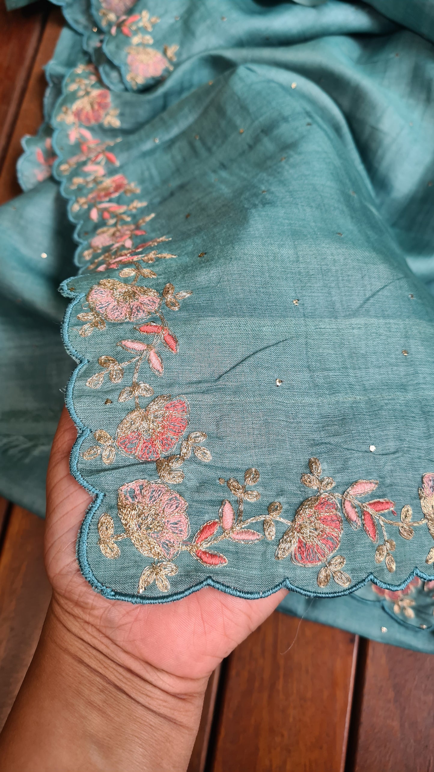 Zynah Teal Color Handwoven Tussar Silk Saree Embellished with Pitan hand embroidery and Mukaish handwork; Custom Stitched/Ready-made Blouse, Fall, Petticoat; Shipping available USA, Worldwide