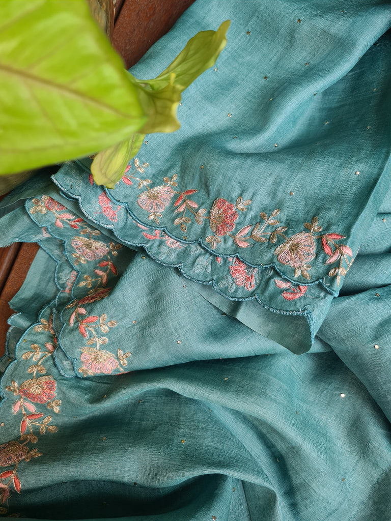 Zynah Teal Color Handwoven Tussar Silk Saree Embellished with Pitan hand embroidery and Mukaish handwork; Custom Stitched/Ready-made Blouse, Fall, Petticoat; Shipping available USA, Worldwide