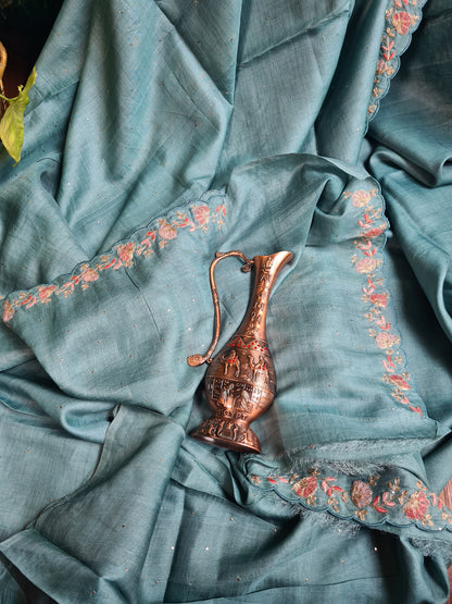 Zynah Teal Color Handwoven Tussar Silk Saree Embellished with Pitan hand embroidery and Mukaish handwork; Custom Stitched/Ready-made Blouse, Fall, Petticoat; Shipping available USA, Worldwide