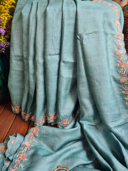Zynah Teal Color Handwoven Tussar Silk Saree Embellished with Pitan hand embroidery and Mukaish handwork; Custom Stitched/Ready-made Blouse, Fall, Petticoat; Shipping available USA, Worldwide