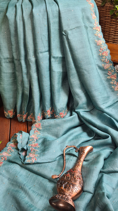 Zynah Teal Color Handwoven Tussar Silk Saree Embellished with Pitan hand embroidery and Mukaish handwork; Custom Stitched/Ready-made Blouse, Fall, Petticoat; Shipping available USA, Worldwide