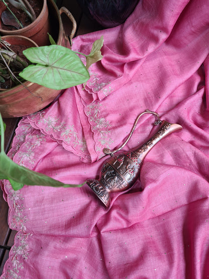 Zynah Pink Color Handwoven Tussar Silk Saree Embellished with Pitan hand embroidery and Mukaish handwork; Custom Stitched/Ready-made Blouse, Fall, Petticoat; Shipping available USA, Worldwide