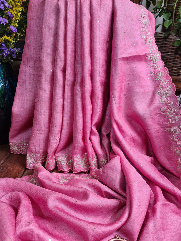 Zynah Pink Color Handwoven Tussar Silk Saree Embellished with Pitan hand embroidery and Mukaish handwork; Custom Stitched/Ready-made Blouse, Fall, Petticoat; Shipping available USA, Worldwide