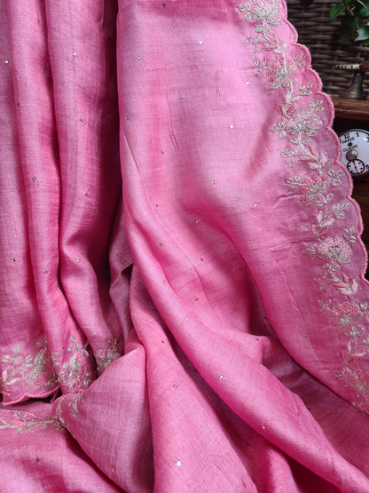 Zynah Pink Color Handwoven Tussar Silk Saree Embellished with Pitan hand embroidery and Mukaish handwork; Custom Stitched/Ready-made Blouse, Fall, Petticoat; Shipping available USA, Worldwide