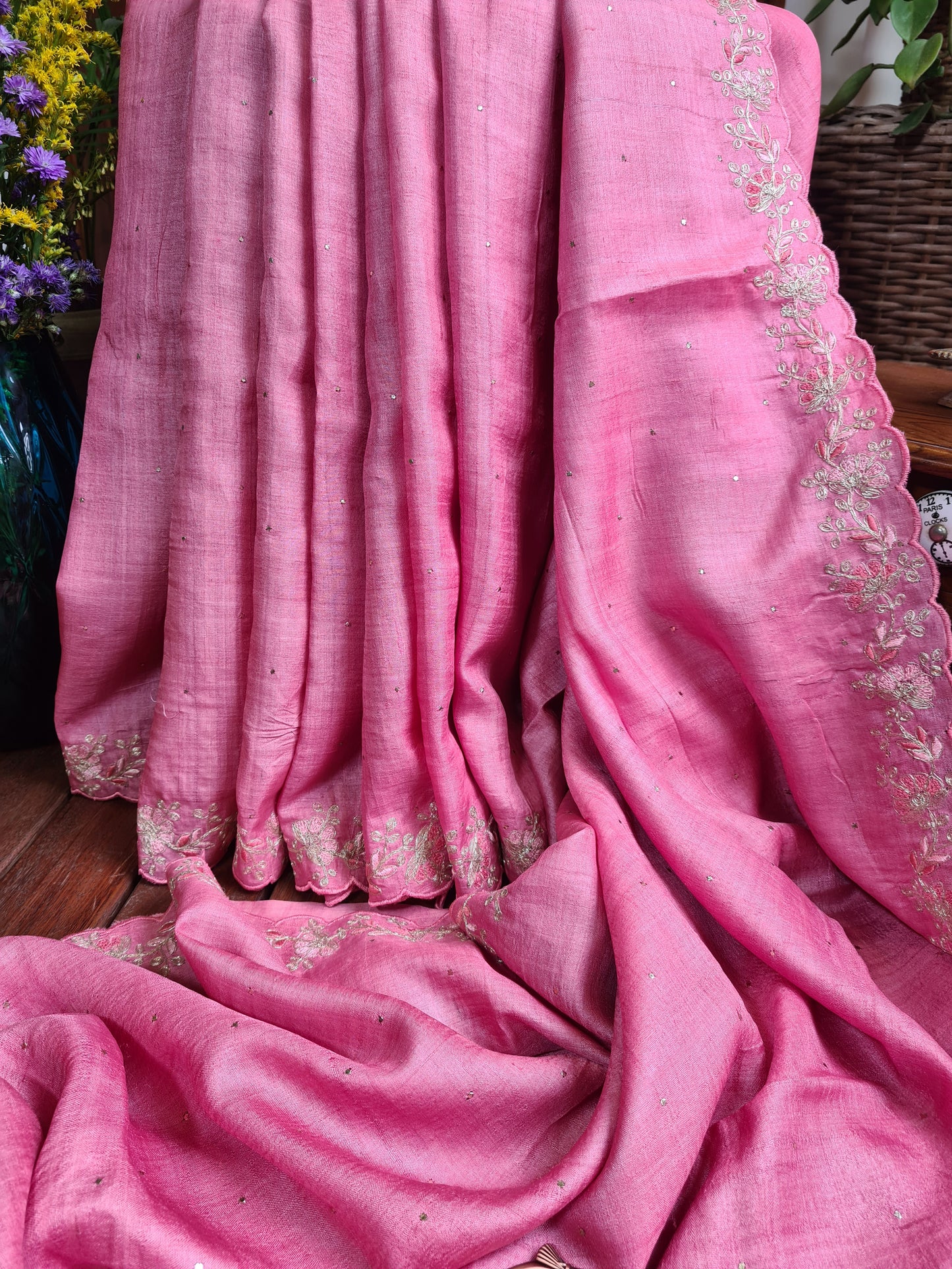 Zynah Pink Color Handwoven Tussar Silk Saree Embellished with Pitan hand embroidery and Mukaish handwork; Custom Stitched/Ready-made Blouse, Fall, Petticoat; Shipping available USA, Worldwide