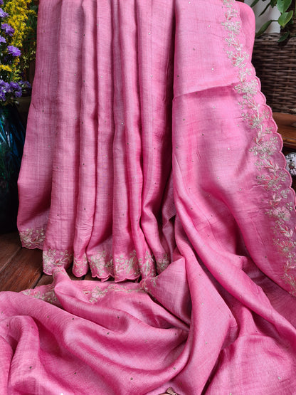 Zynah Pink Color Handwoven Tussar Silk Saree Embellished with Pitan hand embroidery and Mukaish handwork; Custom Stitched/Ready-made Blouse, Fall, Petticoat; Shipping available USA, Worldwide
