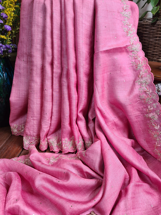 Zynah Pink Color Handwoven Tussar Silk Saree Embellished with Pitan hand embroidery and Mukaish handwork; Custom Stitched/Ready-made Blouse, Fall, Petticoat; Shipping available USA, Worldwide