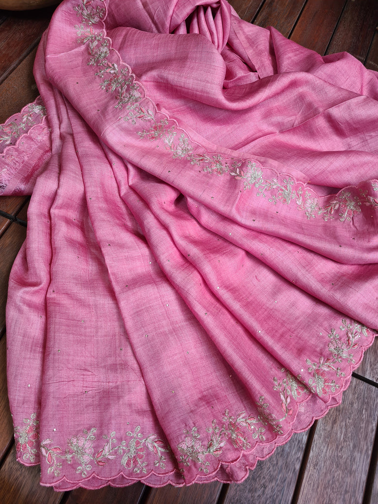 Zynah Pink Color Handwoven Tussar Silk Saree Embellished with Pitan hand embroidery and Mukaish handwork; Custom Stitched/Ready-made Blouse, Fall, Petticoat; Shipping available USA, Worldwide