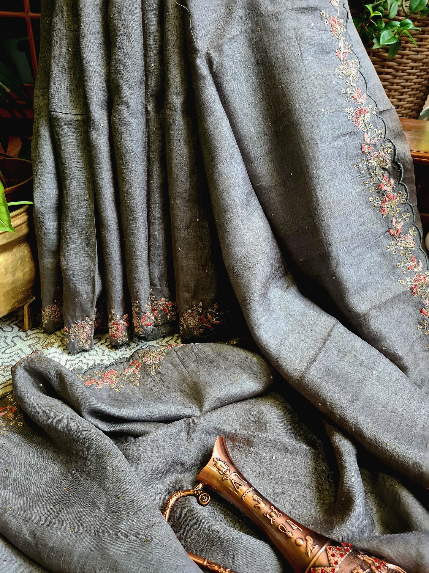 Zynah Grey Color Handwoven Tussar Silk Saree Embellished with Pitan hand embroidery and Mukaish handwork; Custom Stitched/Ready-made Blouse, Fall, Petticoat; Shipping available USA, Worldwide