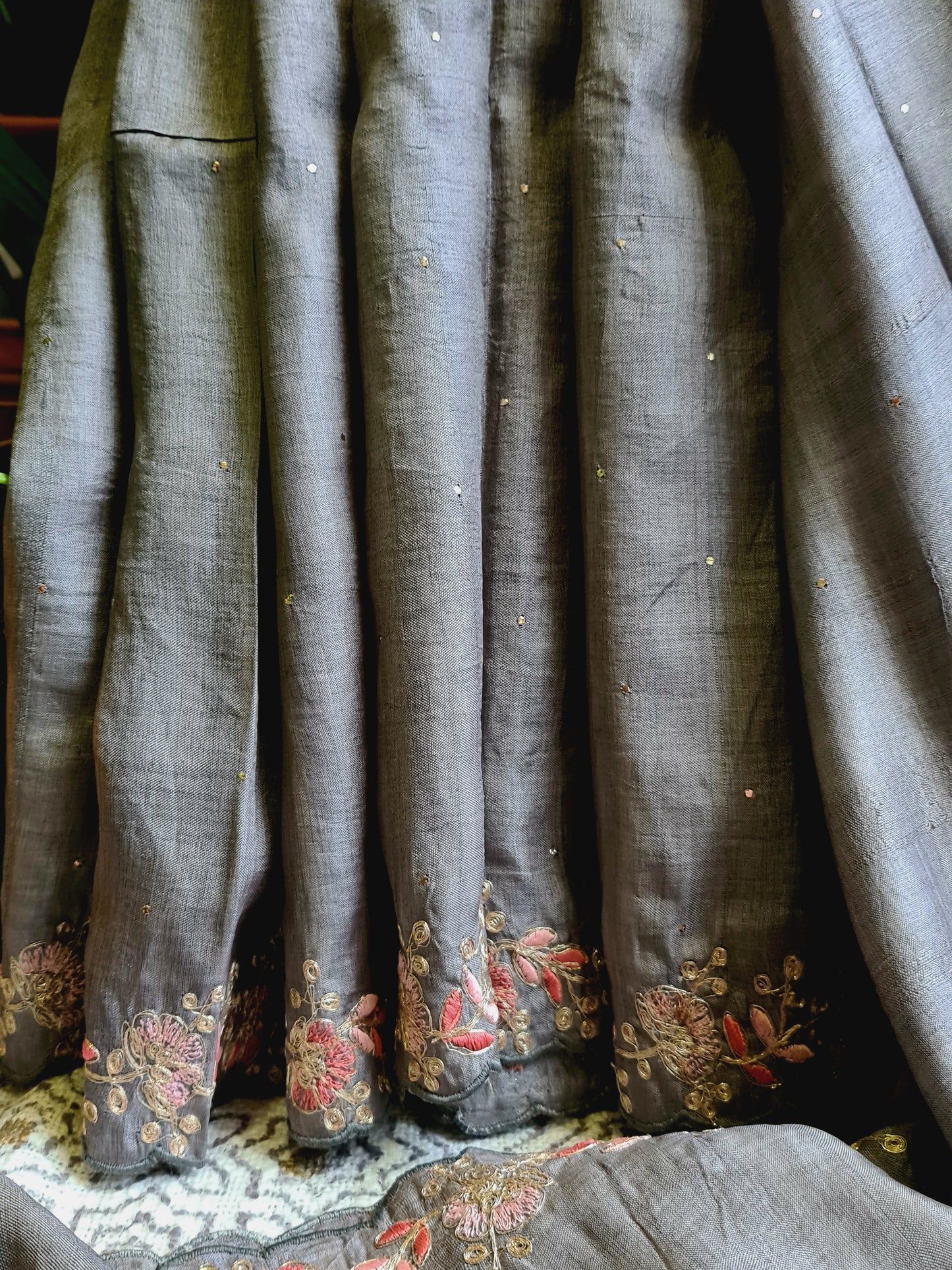 Zynah Grey Color Handwoven Tussar Silk Saree Embellished with Pitan hand embroidery and Mukaish handwork; Custom Stitched/Ready-made Blouse, Fall, Petticoat; Shipping available USA, Worldwide