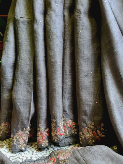 Zynah Grey Color Handwoven Tussar Silk Saree Embellished with Pitan hand embroidery and Mukaish handwork; Custom Stitched/Ready-made Blouse, Fall, Petticoat; Shipping available USA, Worldwide