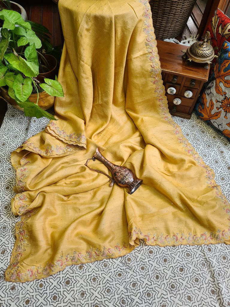 Zynah Yellow Color Handwoven Tussar Silk Saree Embellished with Pitan hand embroidery and Mukaish handwork; Custom Stitched/Ready-made Blouse, Fall, Petticoat; Shipping available USA, Worldwide