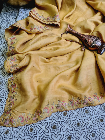 Zynah Yellow Color Handwoven Tussar Silk Saree Embellished with Pitan hand embroidery and Mukaish handwork; Custom Stitched/Ready-made Blouse, Fall, Petticoat; Shipping available USA, Worldwide