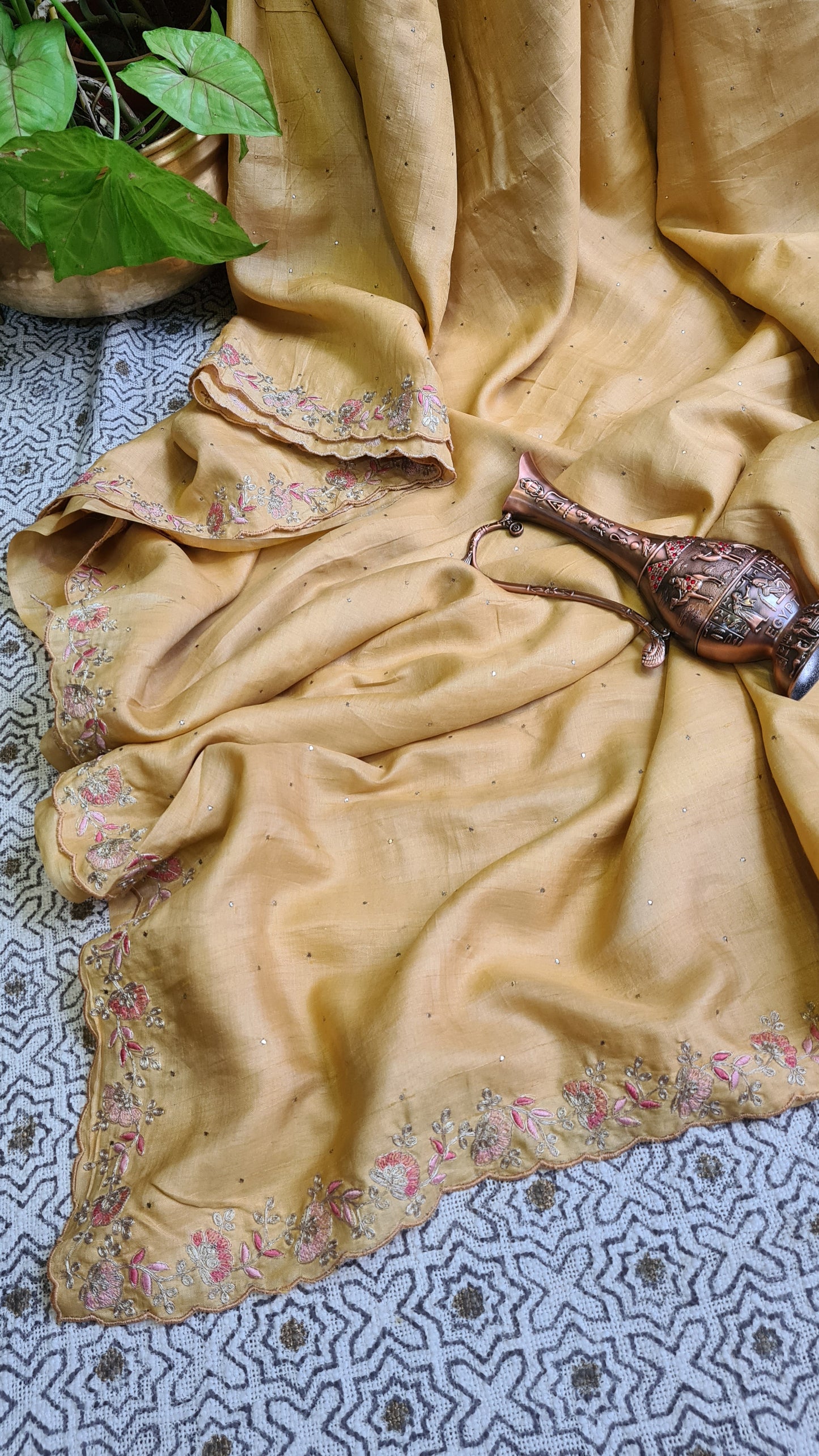 Zynah Yellow Color Handwoven Tussar Silk Saree Embellished with Pitan hand embroidery and Mukaish handwork; Custom Stitched/Ready-made Blouse, Fall, Petticoat; Shipping available USA, Worldwide