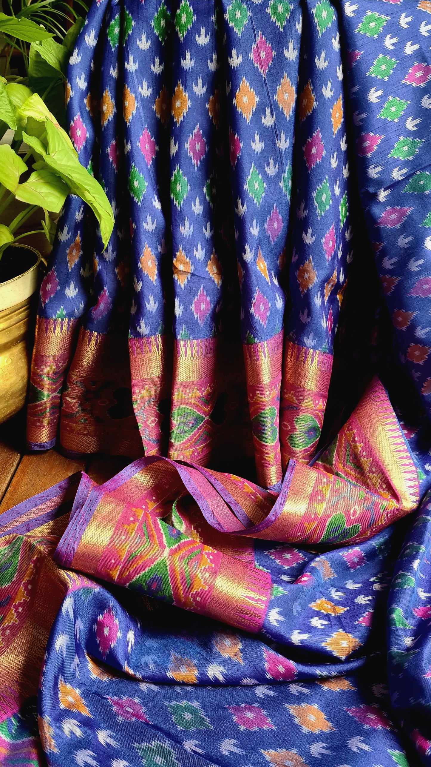Zynah Blue Color Soft Silk Ikkat Printed Saree with woven zari borders; Custom Stitched/Ready-made Blouse, Fall, Petticoat; Shipping available USA, Worldwide