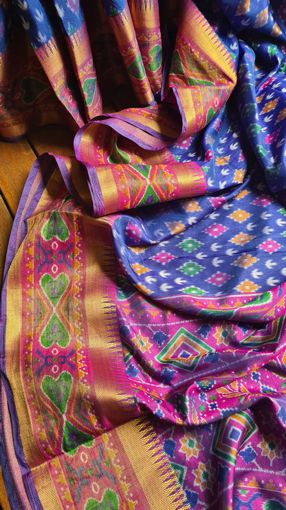 Zynah Blue Color Soft Silk Ikkat Printed Saree with woven zari borders; Custom Stitched/Ready-made Blouse, Fall, Petticoat; Shipping available USA, Worldwide