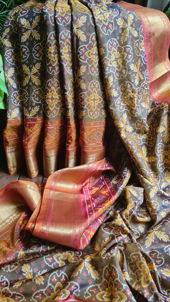 Zynah Golden Color 2 Soft Silk Ikkat Printed Saree with woven zari borders; Custom Stitched/Ready-made Blouse, Fall, Petticoat; Shipping available USA, Worldwide