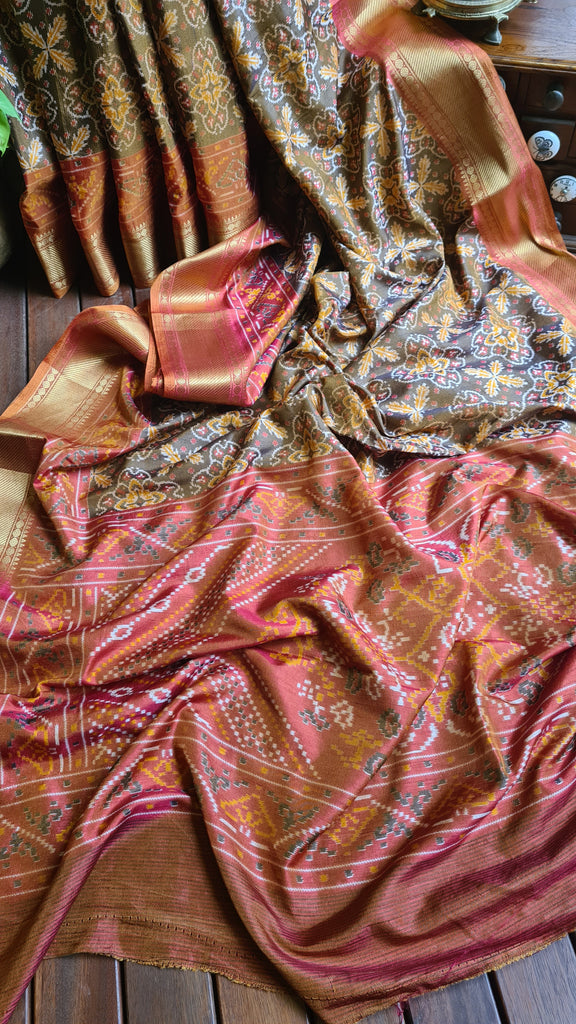 Zynah Golden Color 2 Soft Silk Ikkat Printed Saree with woven zari borders; Custom Stitched/Ready-made Blouse, Fall, Petticoat; Shipping available USA, Worldwide