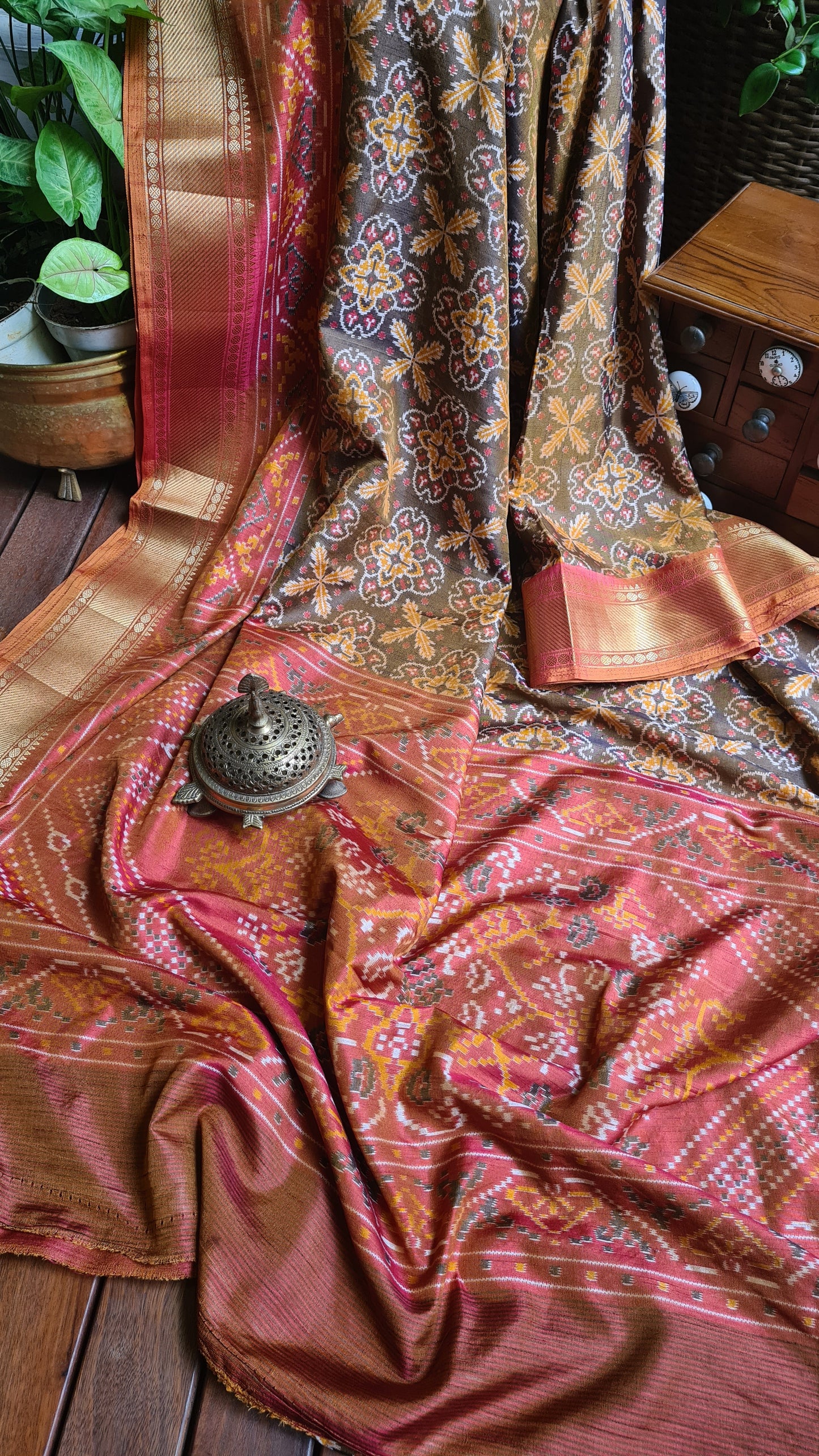 Zynah Golden Color 2 Soft Silk Ikkat Printed Saree with woven zari borders; Custom Stitched/Ready-made Blouse, Fall, Petticoat; Shipping available USA, Worldwide