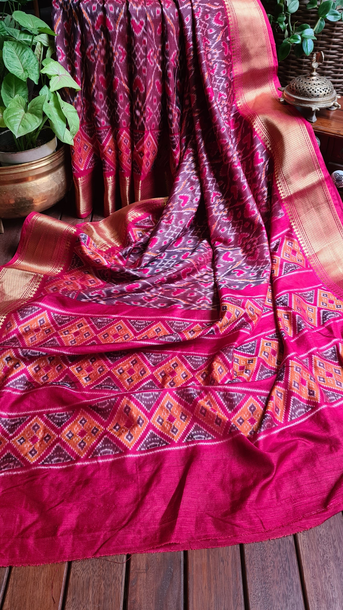 Zynah Maroon Color Soft Silk Ikkat Printed Saree with woven zari borders; Custom Stitched/Ready-made Blouse, Fall, Petticoat; Shipping available USA, Worldwide
