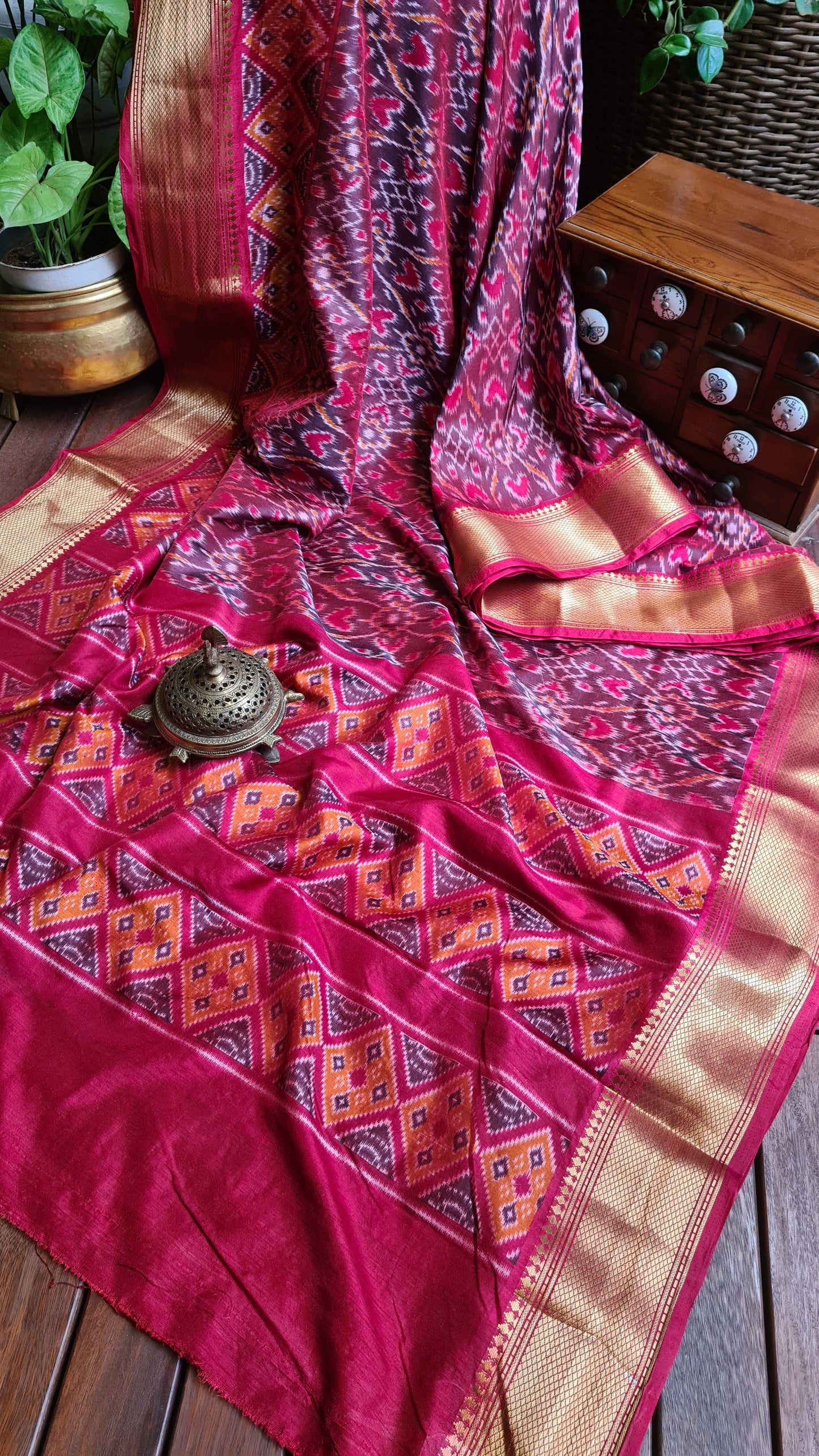 Zynah Maroon Color Soft Silk Ikkat Printed Saree with woven zari borders; Custom Stitched/Ready-made Blouse, Fall, Petticoat; Shipping available USA, Worldwide