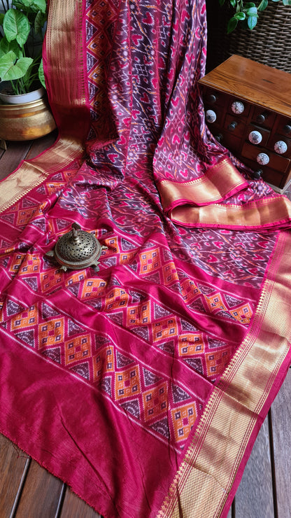 Zynah Maroon Color Soft Silk Ikkat Printed Saree with woven zari borders; Custom Stitched/Ready-made Blouse, Fall, Petticoat; Shipping available USA, Worldwide