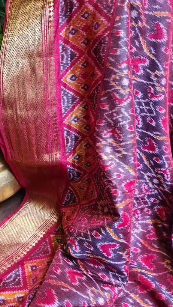 Zynah Maroon Color Soft Silk Ikkat Printed Saree with woven zari borders; Custom Stitched/Ready-made Blouse, Fall, Petticoat; Shipping available USA, Worldwide
