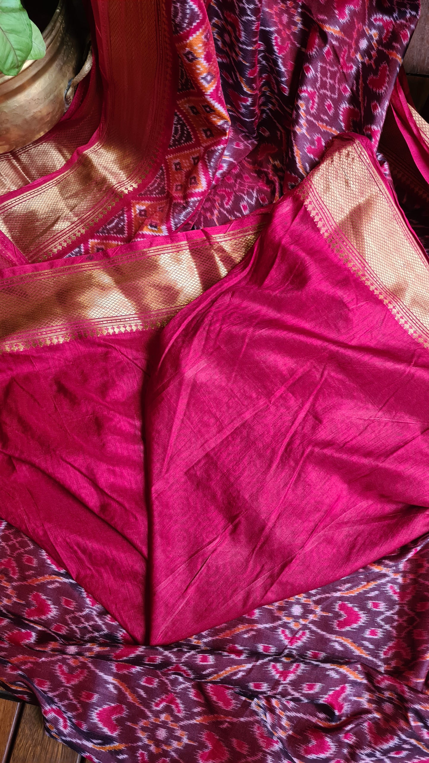 Zynah Maroon Color Soft Silk Ikkat Printed Saree with woven zari borders; Custom Stitched/Ready-made Blouse, Fall, Petticoat; Shipping available USA, Worldwide