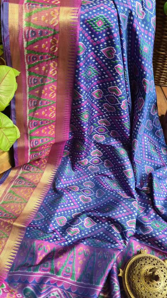 Zynah Blue Color 2 Soft Silk Ikkat Printed Saree with woven zari borders; Custom Stitched/Ready-made Blouse, Fall, Petticoat; Shipping available USA, Worldwide