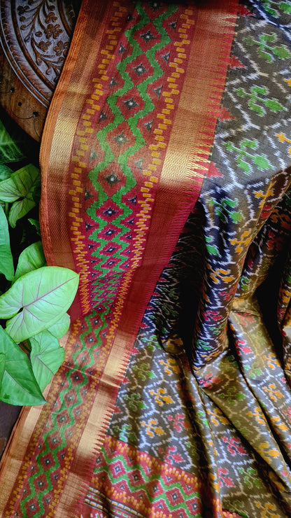 Zynah Golden Color Soft Silk Ikkat Printed Saree with woven zari borders; Custom Stitched/Ready-made Blouse, Fall, Petticoat; Shipping available USA, Worldwide