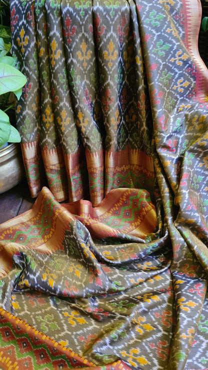 Zynah Golden Color Soft Silk Ikkat Printed Saree with woven zari borders; Custom Stitched/Ready-made Blouse, Fall, Petticoat; Shipping available USA, Worldwide