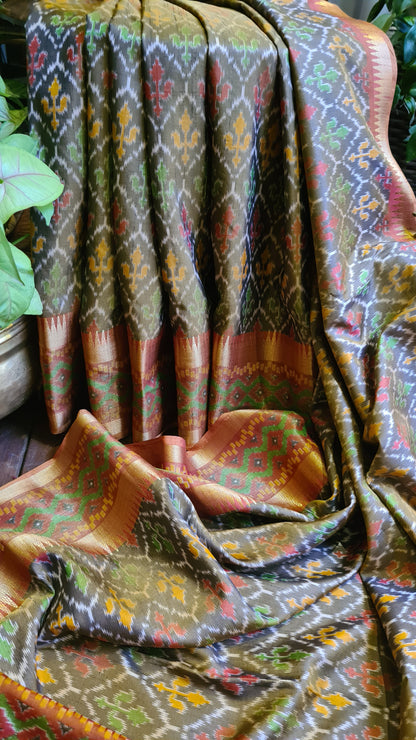 Zynah Golden Color Soft Silk Ikkat Printed Saree with woven zari borders; Custom Stitched/Ready-made Blouse, Fall, Petticoat; Shipping available USA, Worldwide