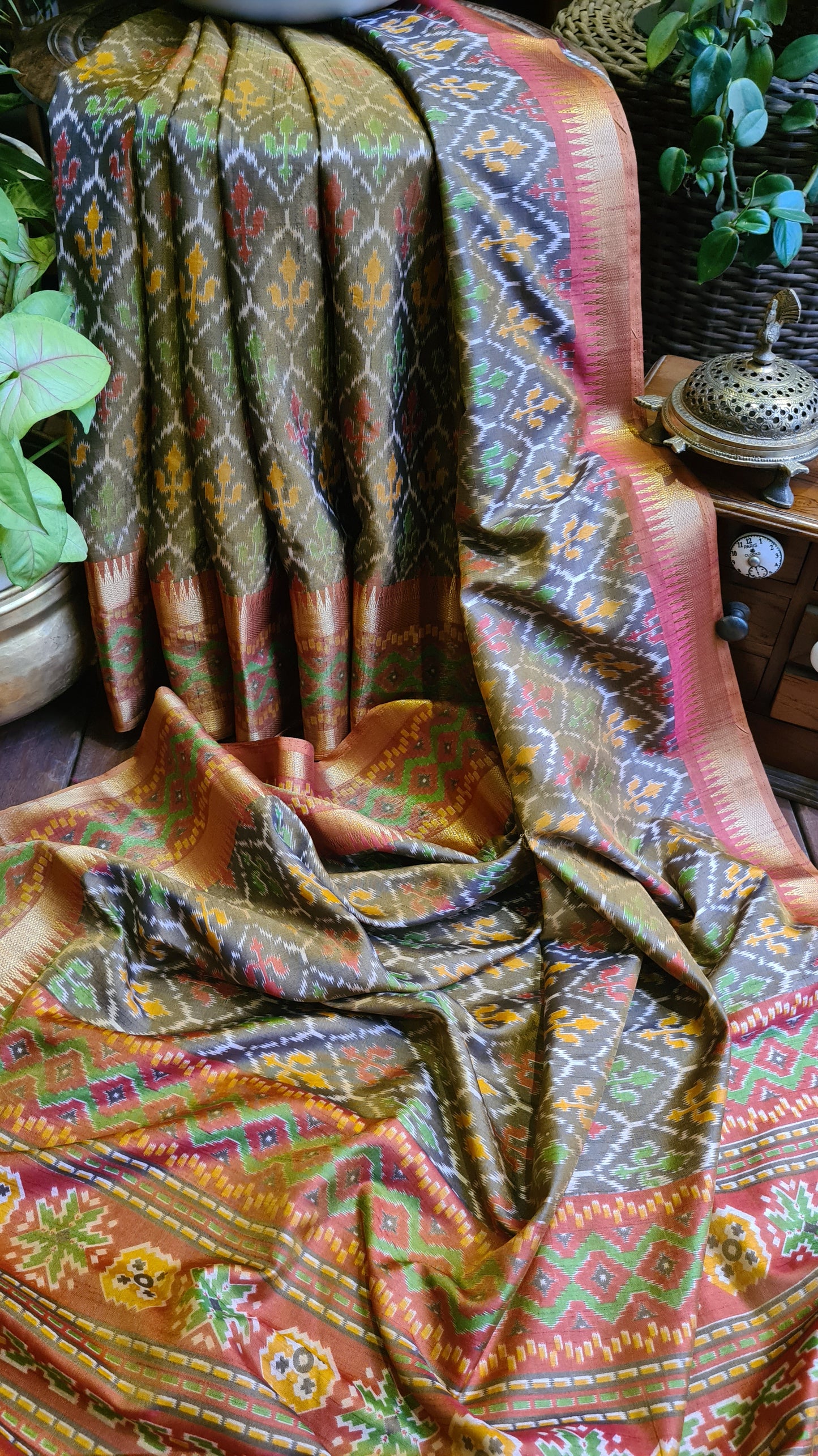 Zynah Golden Color Soft Silk Ikkat Printed Saree with woven zari borders; Custom Stitched/Ready-made Blouse, Fall, Petticoat; Shipping available USA, Worldwide