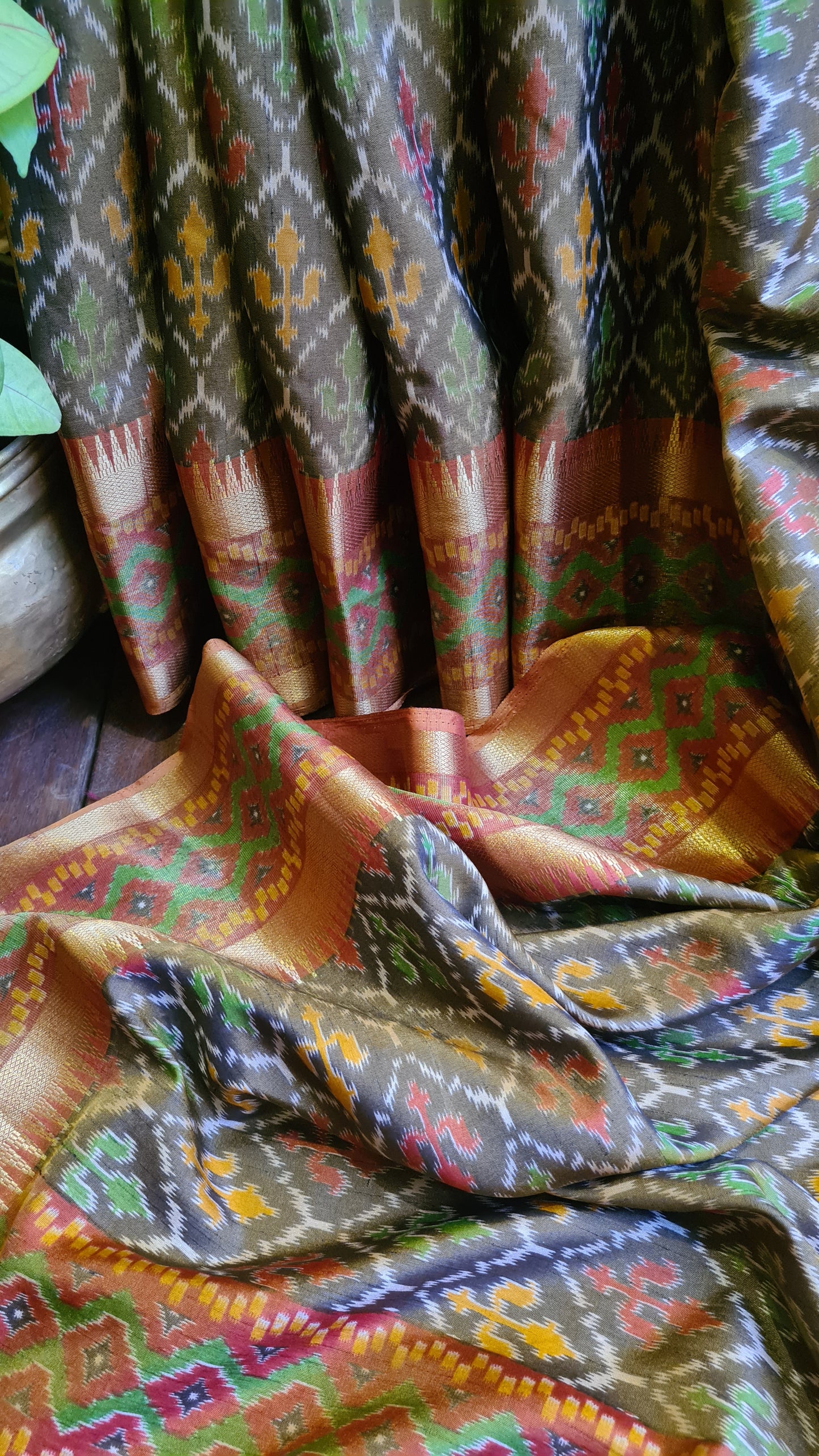 Zynah Golden Color Soft Silk Ikkat Printed Saree with woven zari borders; Custom Stitched/Ready-made Blouse, Fall, Petticoat; Shipping available USA, Worldwide