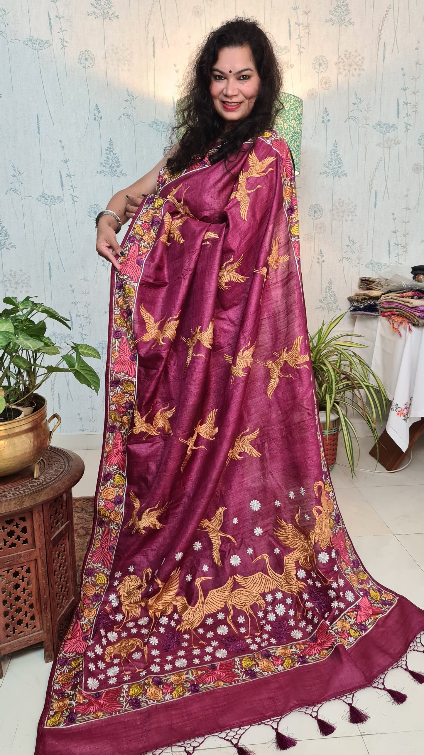 Zynah Wine Color Pure Tussar Silk Parsi work wine color Inspired Saree, Flamingo Bird Motifs; Custom Stitched/Ready-made Blouse, Fall, Petticoat; Shipping available USA, Worldwide