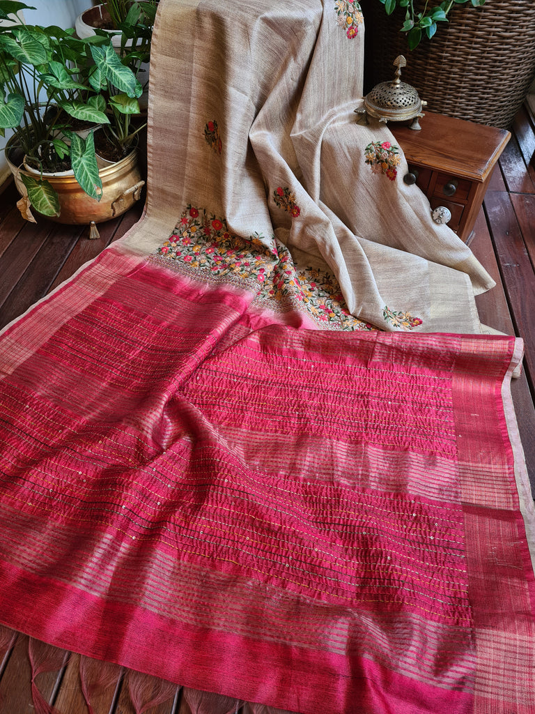 Zynah Tussar Color Jute Tissue Silk Handcrafted Saree with French Knot Hand Embroidery; Custom Stitched/Ready-made Blouse, Fall, Petticoat; Shipping available USA, Worldwide