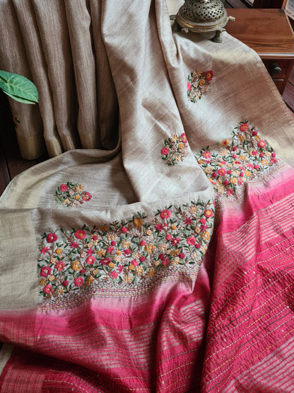Zynah Tussar Color Jute Tissue Silk Handcrafted Saree with French Knot Hand Embroidery; Custom Stitched/Ready-made Blouse, Fall, Petticoat; Shipping available USA, Worldwide