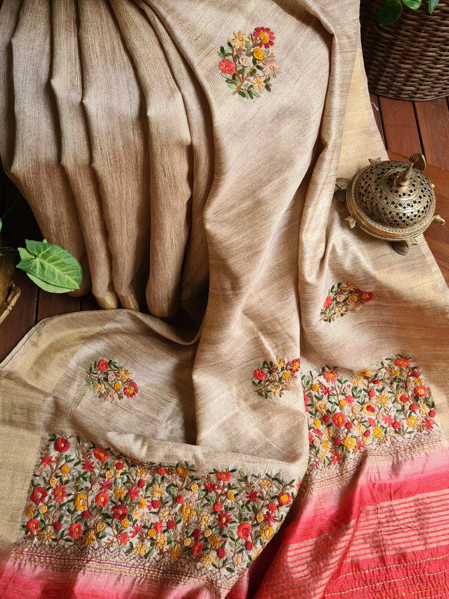 Zynah Tussar Color Jute Tissue Silk Handcrafted Saree with French Knot Hand Embroidery; Custom Stitched/Ready-made Blouse, Fall, Petticoat; Shipping available USA, Worldwide