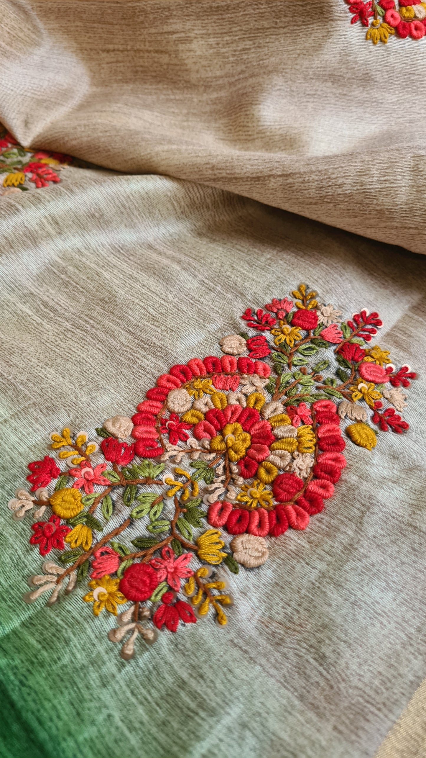 Zynah Tussar & Turquoise Green Color Jute Tissue Silk Handcrafted Saree with French Knot Hand Embroidery; Custom Stitched/Ready-made Blouse, Fall, Petticoat; Shipping available USA, Worldwide