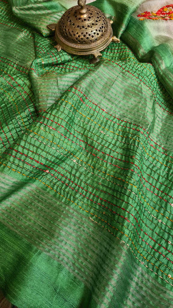Zynah Tussar & Turquoise Green Color Jute Tissue Silk Handcrafted Saree with French Knot Hand Embroidery; Custom Stitched/Ready-made Blouse, Fall, Petticoat; Shipping available USA, Worldwide