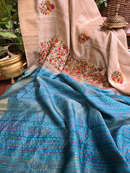 Zynah Tussar & Turquoise Blue Color Jute Tissue Silk Handcrafted Saree with French Knot Hand Embroidery; Custom Stitched/Ready-made Blouse, Fall, Petticoat; Shipping available USA, Worldwide