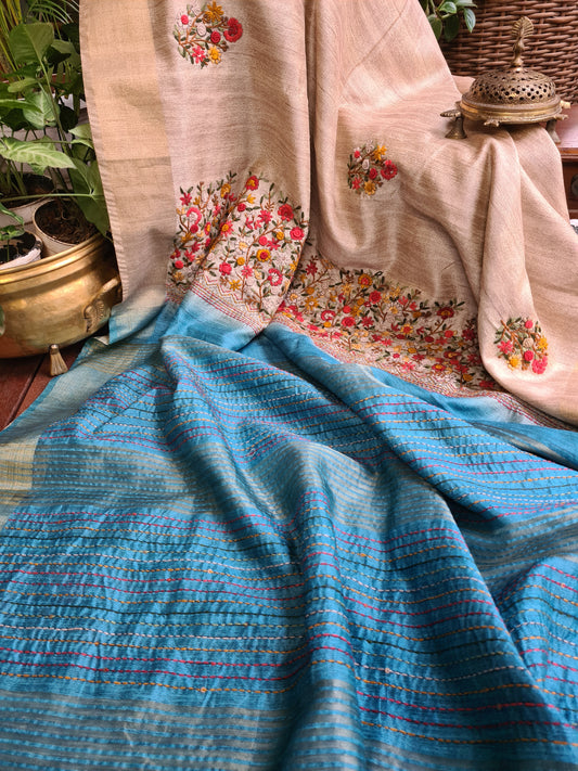 Zynah Tussar & Turquoise Blue Color Jute Tissue Silk Handcrafted Saree with French Knot Hand Embroidery; Custom Stitched/Ready-made Blouse, Fall, Petticoat; Shipping available USA, Worldwide
