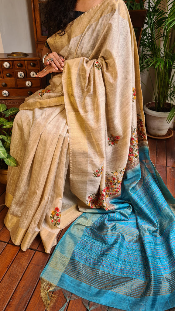 Zynah Tussar & Turquoise Blue Color Jute Tissue Silk Handcrafted Saree with French Knot Hand Embroidery; Custom Stitched/Ready-made Blouse, Fall, Petticoat; Shipping available USA, Worldwide